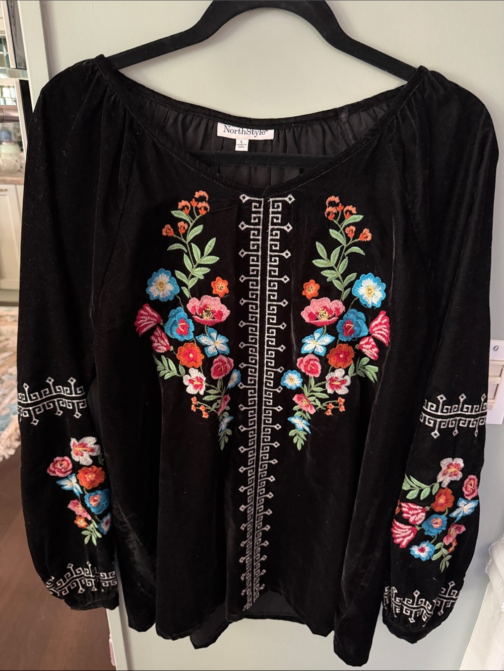 NorthStyle Black Velvet Floral heavily Embroidered Peasant Blouse,L